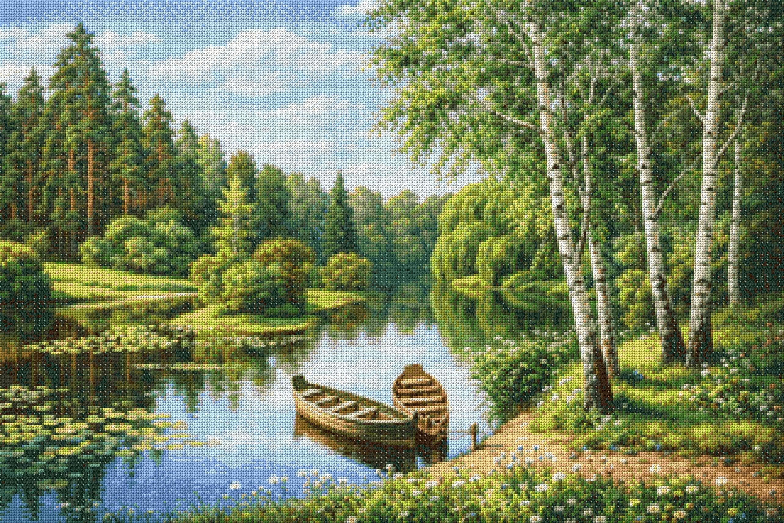 Two boats on a tranquil river surrounded by lush greenery and birch trees. Size - 90cm x 60cm