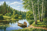 Two boats on a tranquil river surrounded by lush greenery and birch trees. Size - 90cm x 60cm