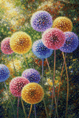colourful spherical flowers in a vibrant, lush garden setting. Size - 40cm x 60cm