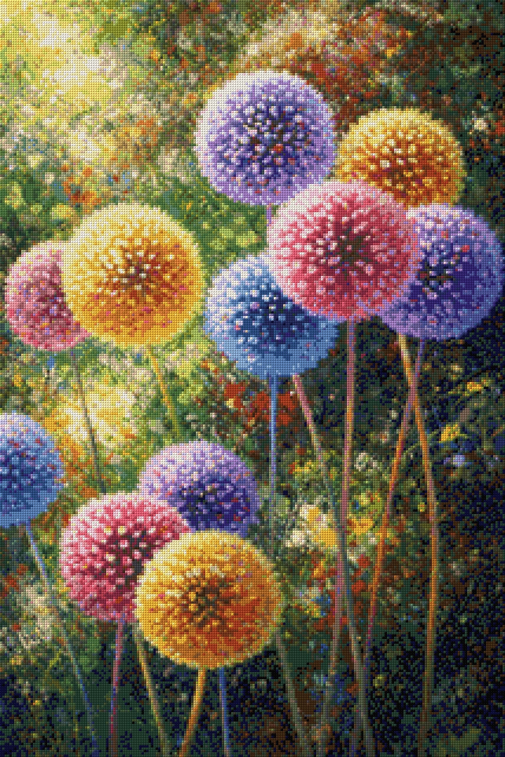 colourful spherical flowers in a vibrant, lush garden setting. Size - 60cm x 90cm
