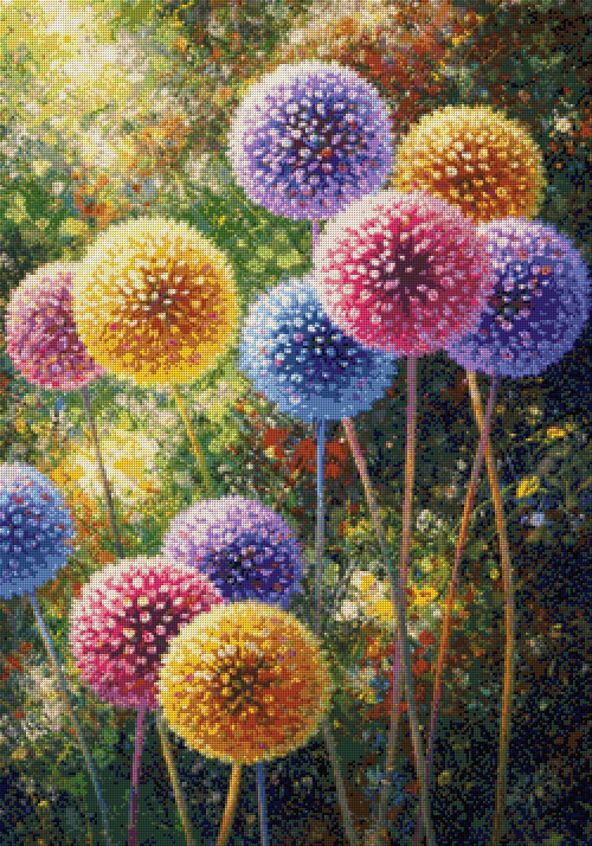colourful spherical flowers in a vibrant, lush garden setting. Size - 70cm x 100cm