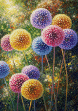 colourful spherical flowers in a vibrant, lush garden setting. Size - 70cm x 100cm