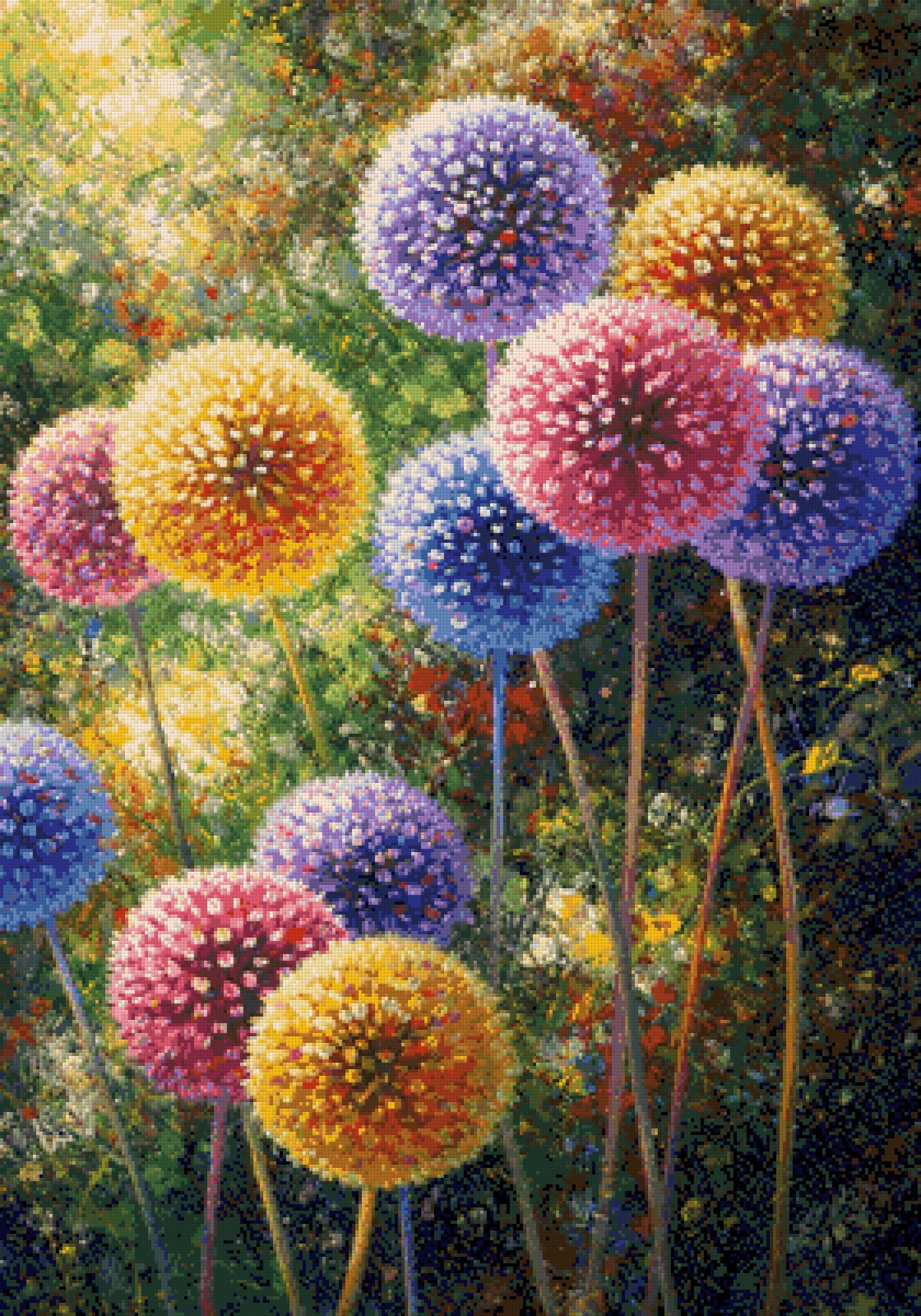 colourful spherical flowers in a vibrant, lush garden setting. Size - 70cm x 100cm