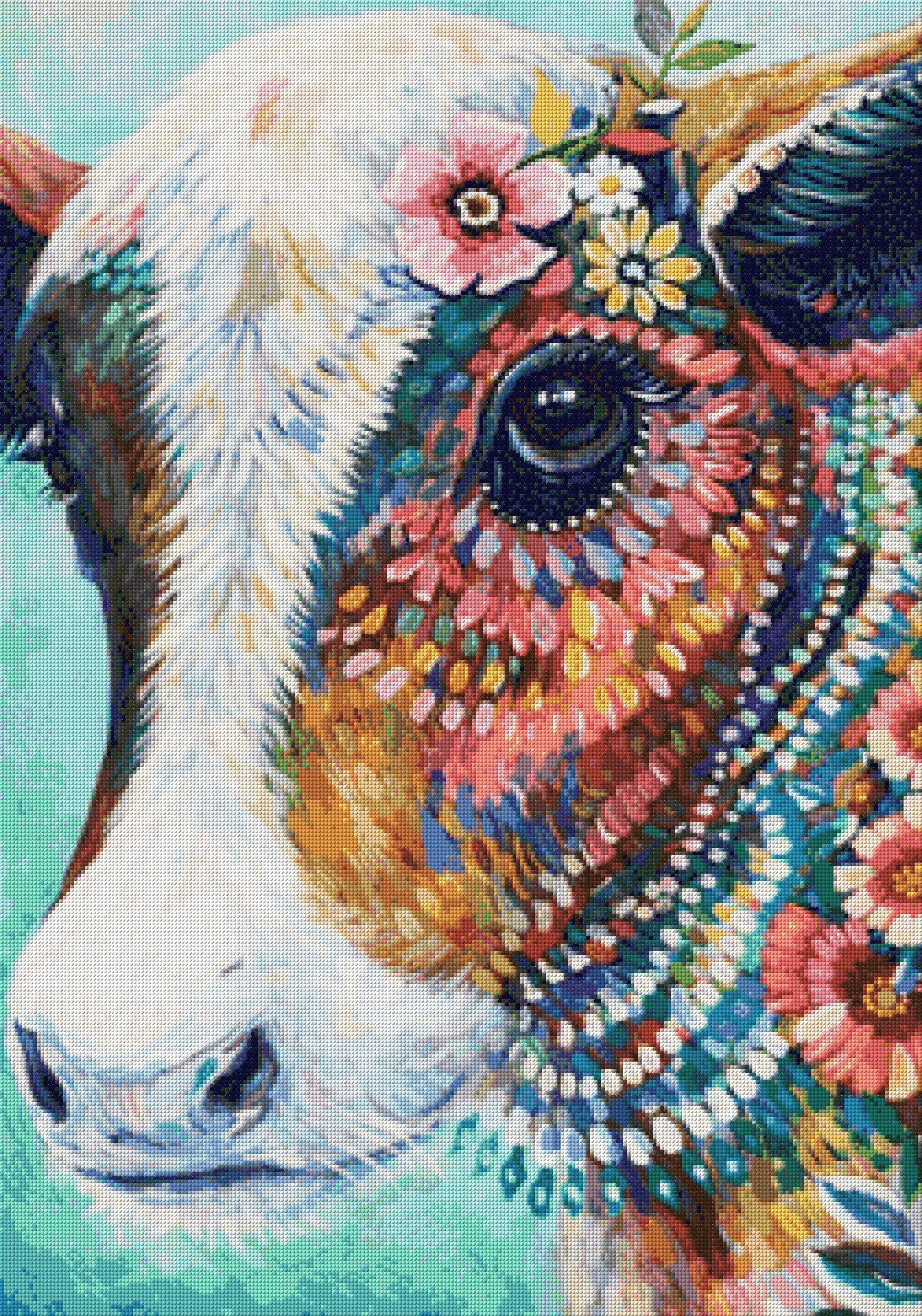 colourful cow with flowers and vibrant patterns on its face. Size - 70cm x 100cm