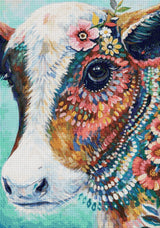 colourful cow with flowers and vibrant patterns on its face. Size - 70cm x 100cm
