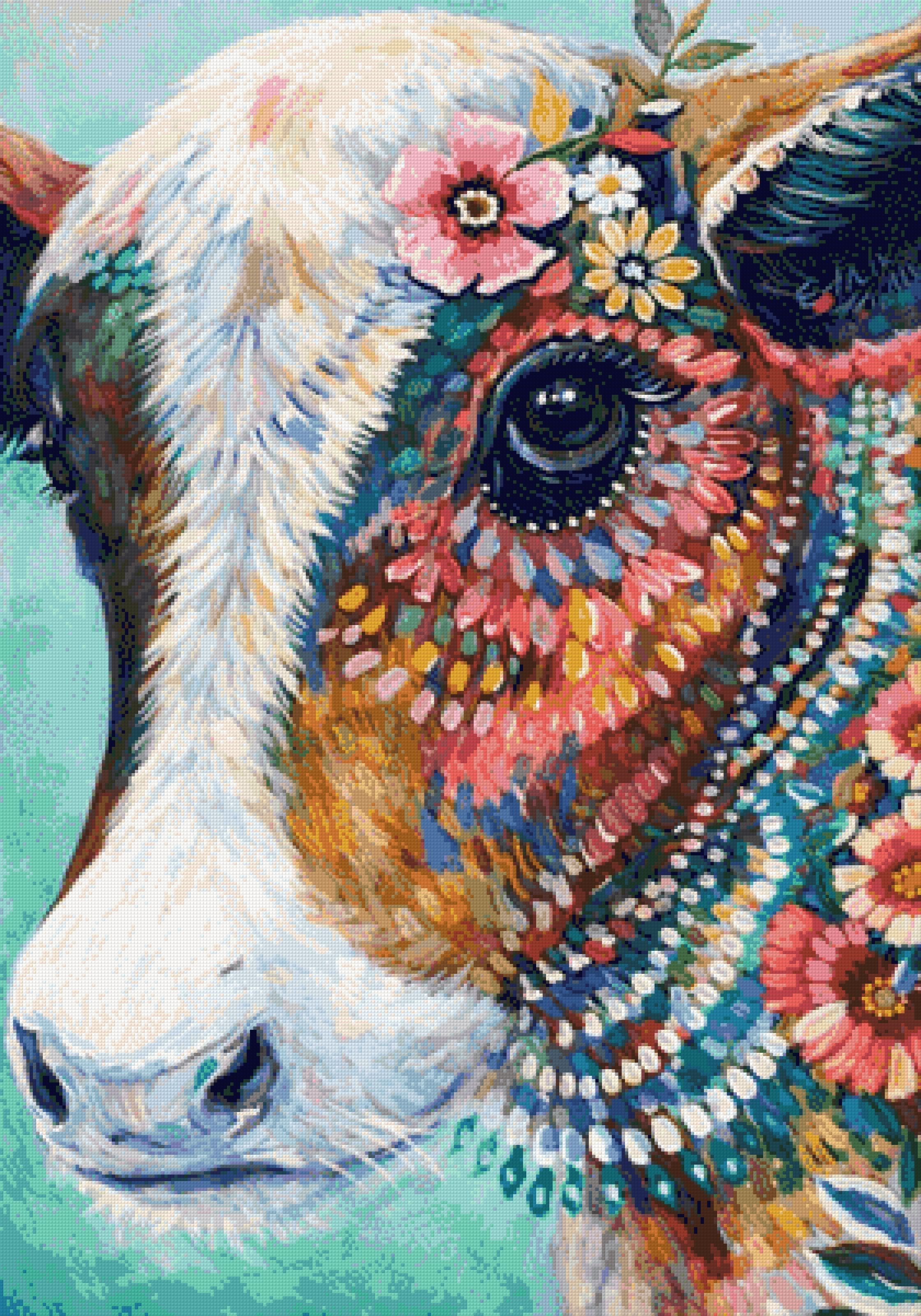 colourful cow with flowers and vibrant patterns on its face. Size - 70cm x 100cm