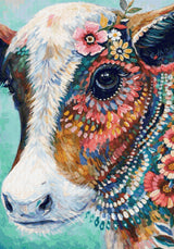 colourful cow with flowers and vibrant patterns on its face. Size - 70cm x 100cm