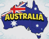 Illustration of Australia with flag design and bold text. Size - 50cm x 40cm