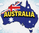 Illustration of Australia with flag design and bold text. Size - 60cm x 50cm