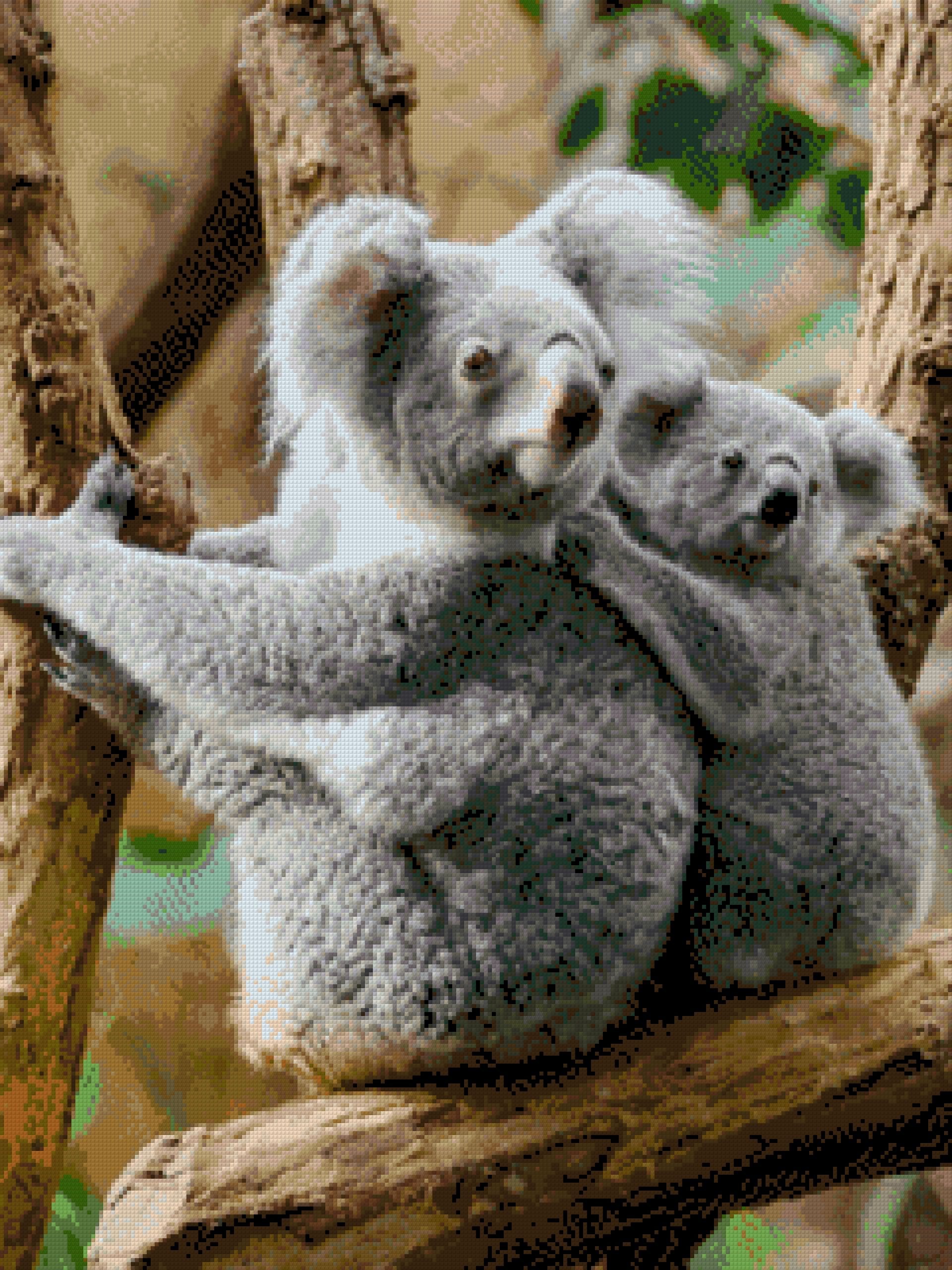 Mother koala and joey clinging to a tree branch. Size - 60cm x 80cm