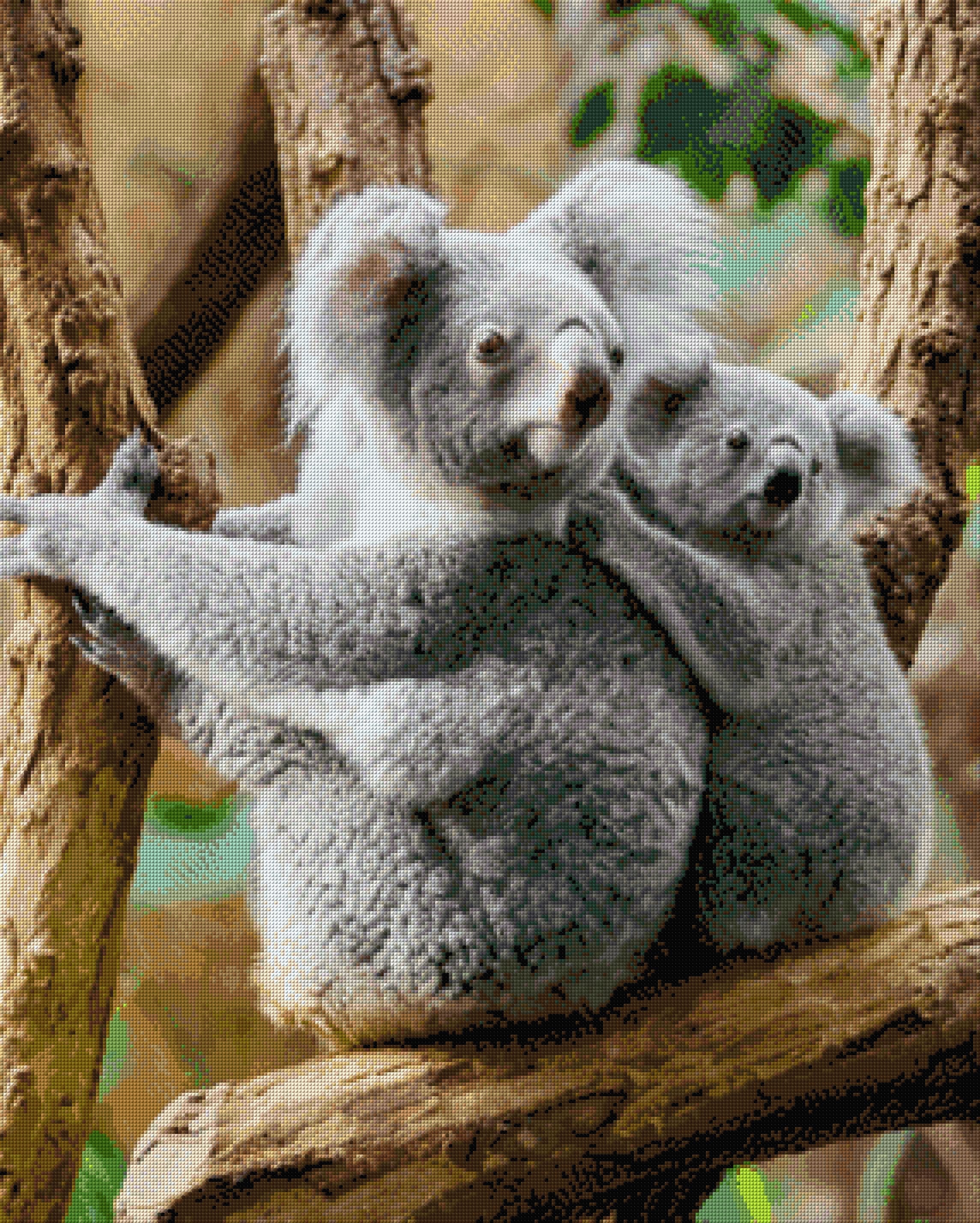 Mother koala and joey clinging to a tree branch. Size - 80cm x 100cm