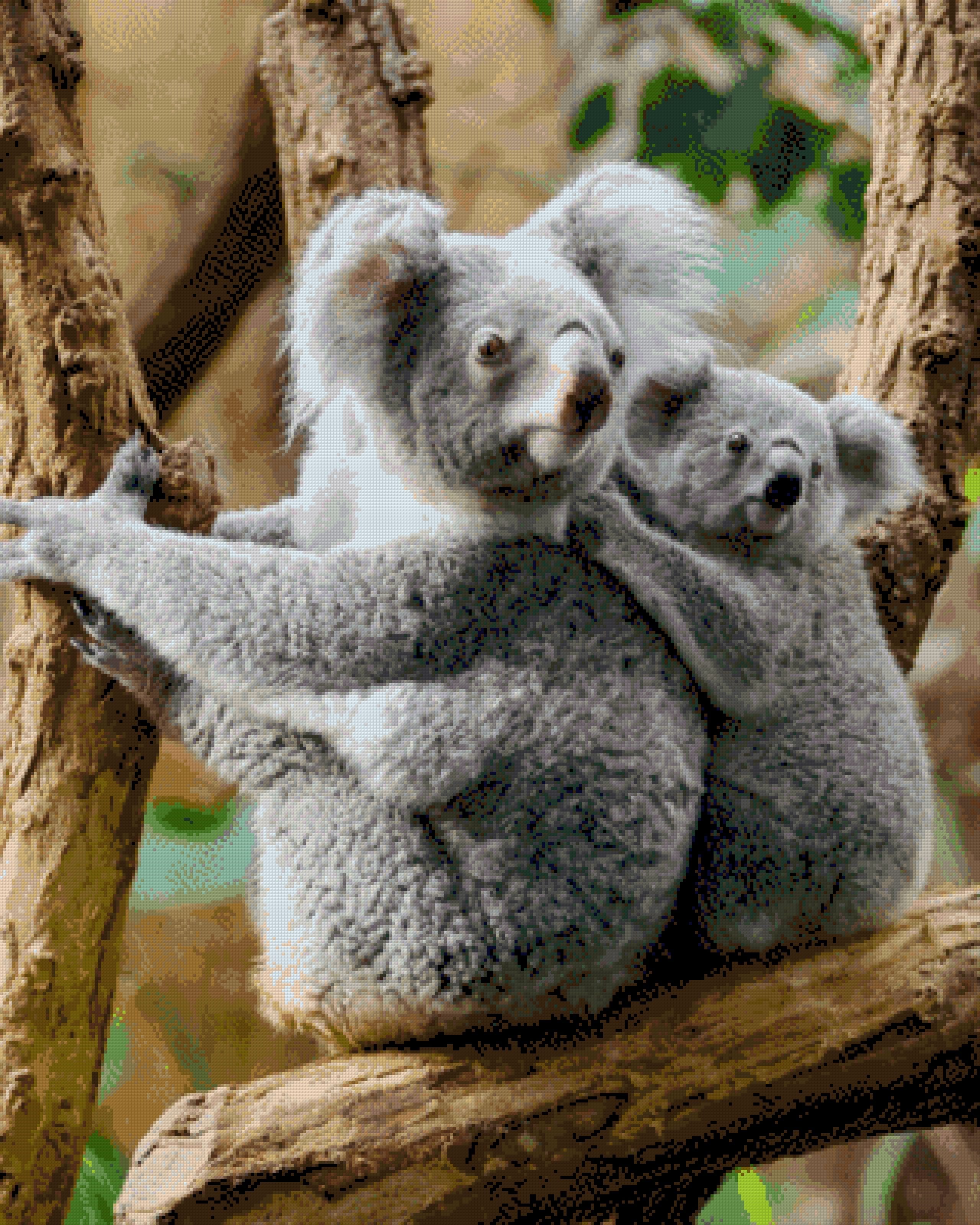 Mother koala and joey clinging to a tree branch. Size - 80cm x 100cm
