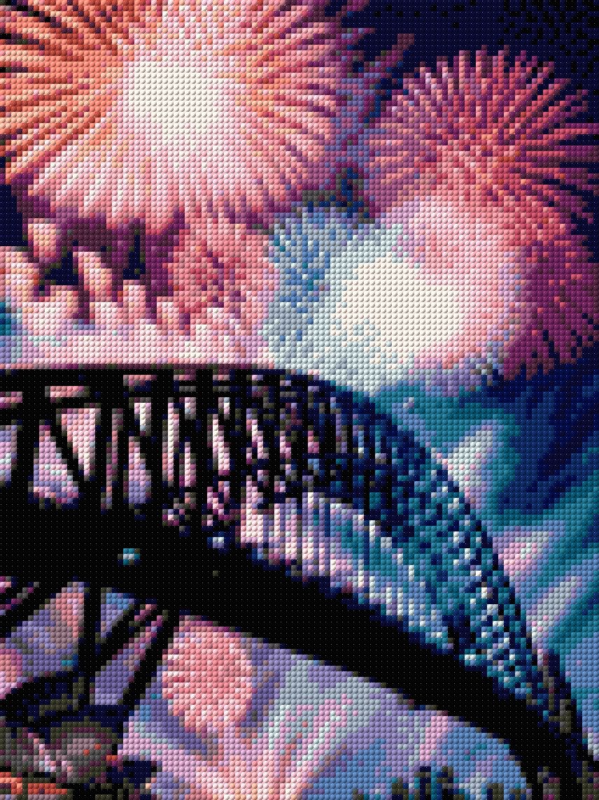 Fireworks over a bridge and opera house at night. Size - 30cm x 40cm