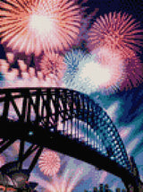 Fireworks over a bridge and opera house at night. Size - 30cm x 40cm