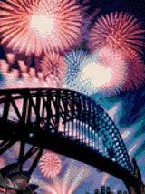 Fireworks over a bridge and opera house at night. Size - 30cm x 40cm