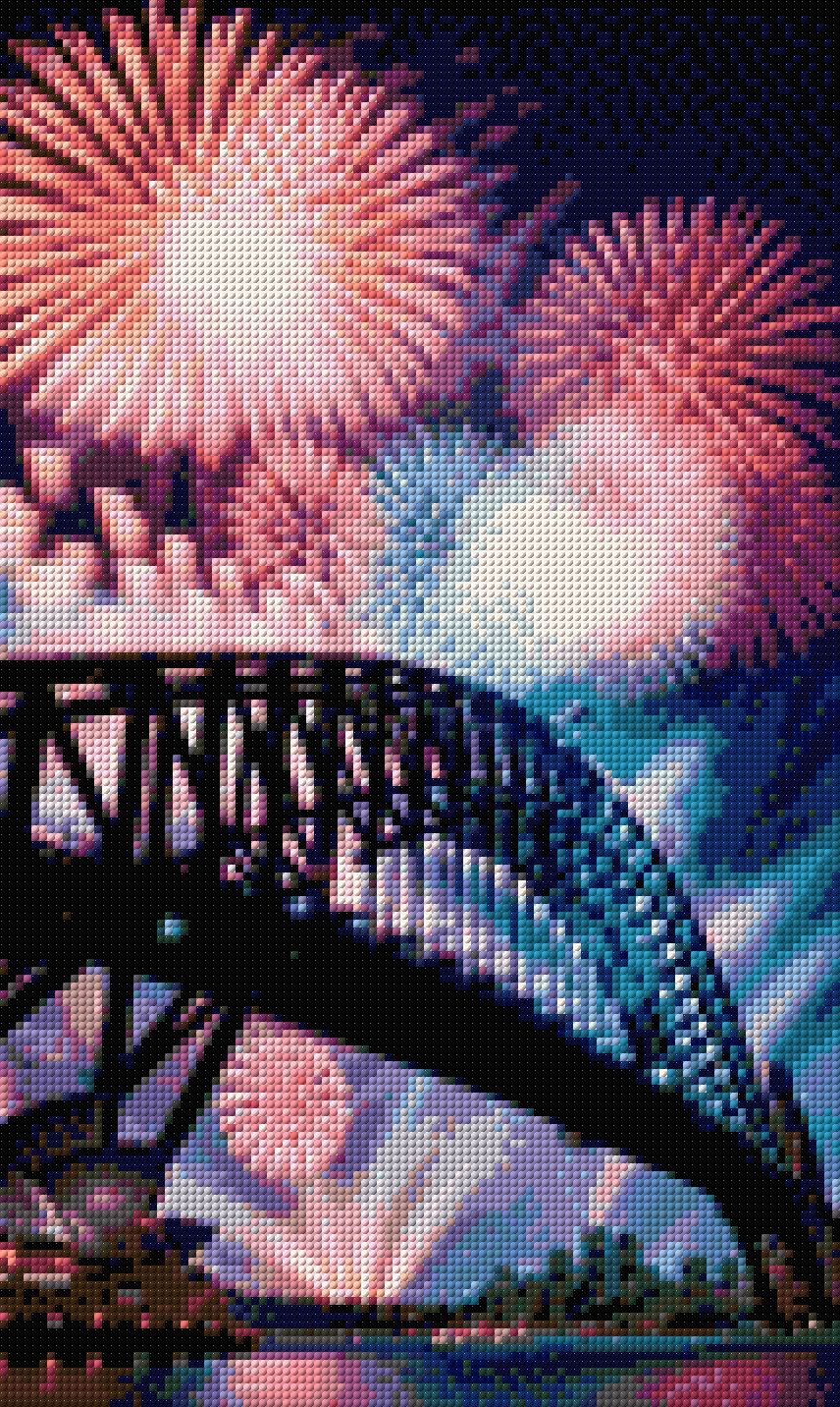 Fireworks over a bridge and opera house at night. Size - 30cm x 50cm