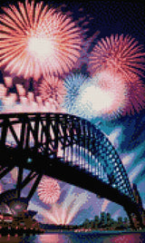 Fireworks over a bridge and opera house at night. Size - 30cm x 50cm