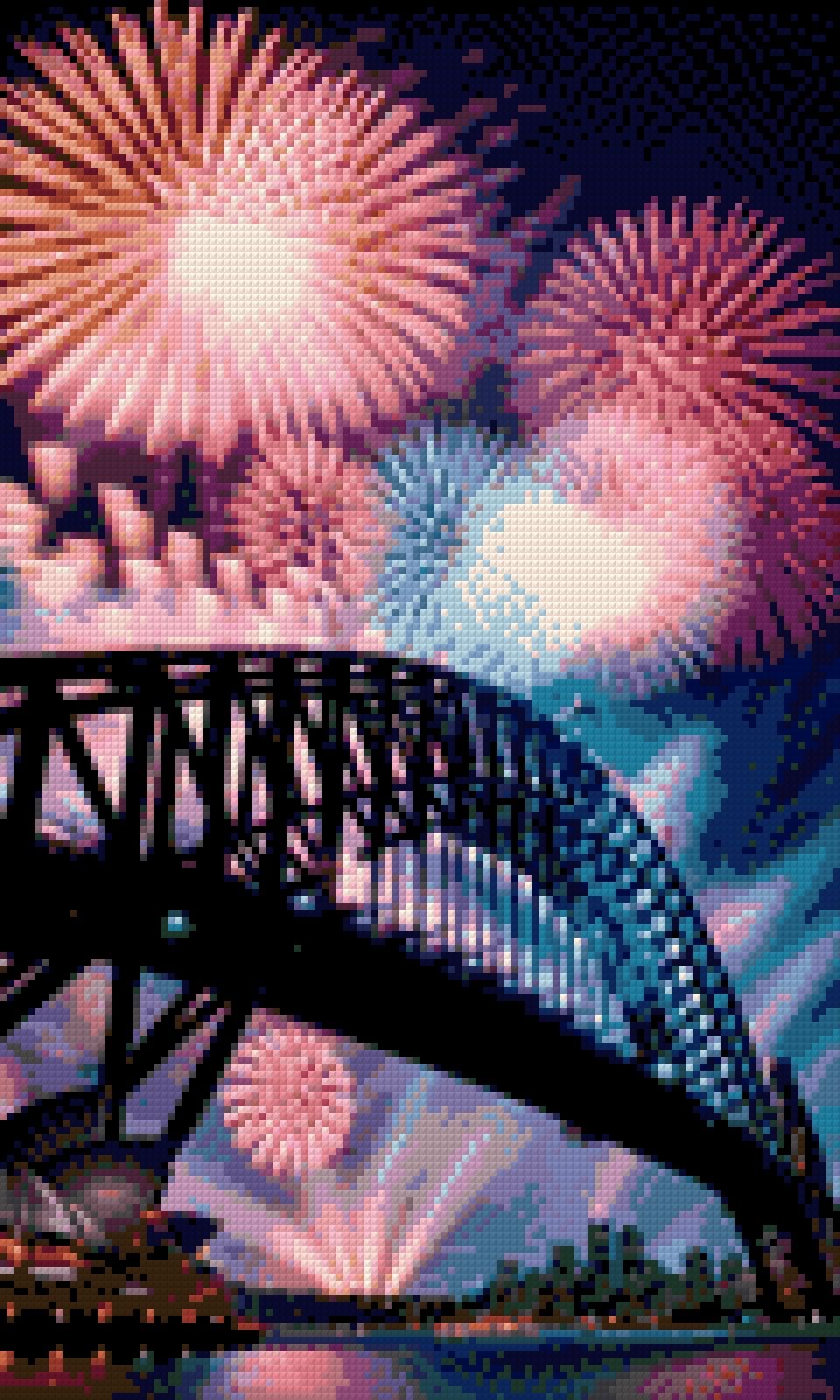Fireworks over a bridge and opera house at night. Size - 30cm x 50cm