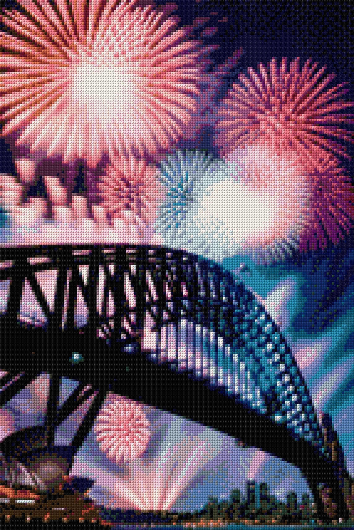 Fireworks over a bridge and opera house at night. Size - 40cm x 60cm