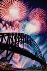 Fireworks over a bridge and opera house at night. Size - 40cm x 60cm