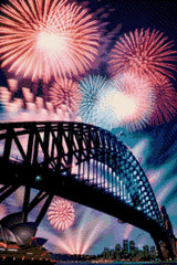 Fireworks over a bridge and opera house at night. Size - 40cm x 60cm