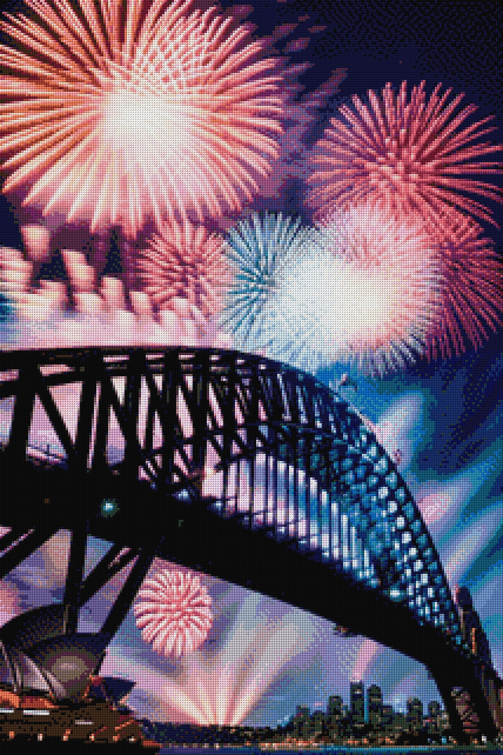 Fireworks over a bridge and opera house at night. Size - 60cm x 90cm