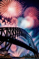 Fireworks over a bridge and opera house at night. Size - 60cm x 90cm