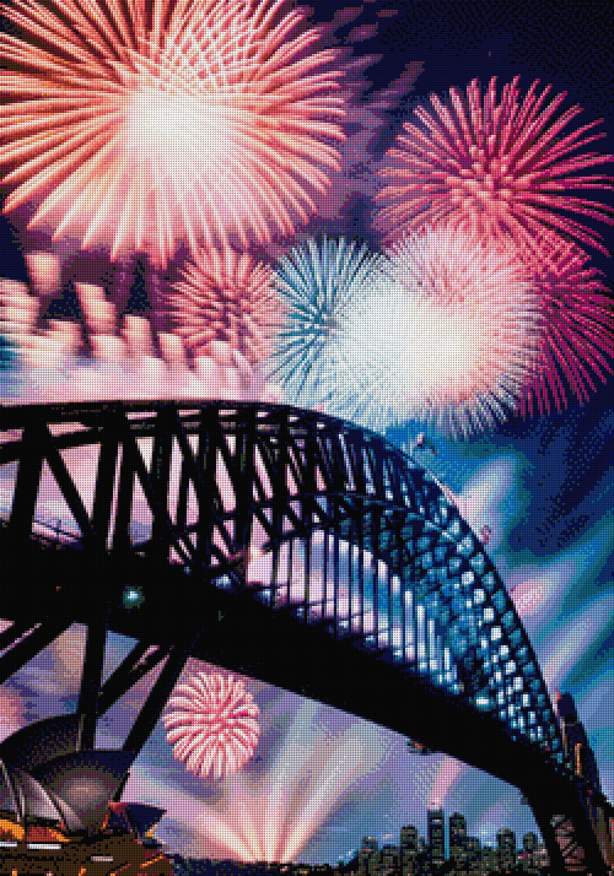 Fireworks over a bridge and opera house at night. Size - 70cm x 100cm