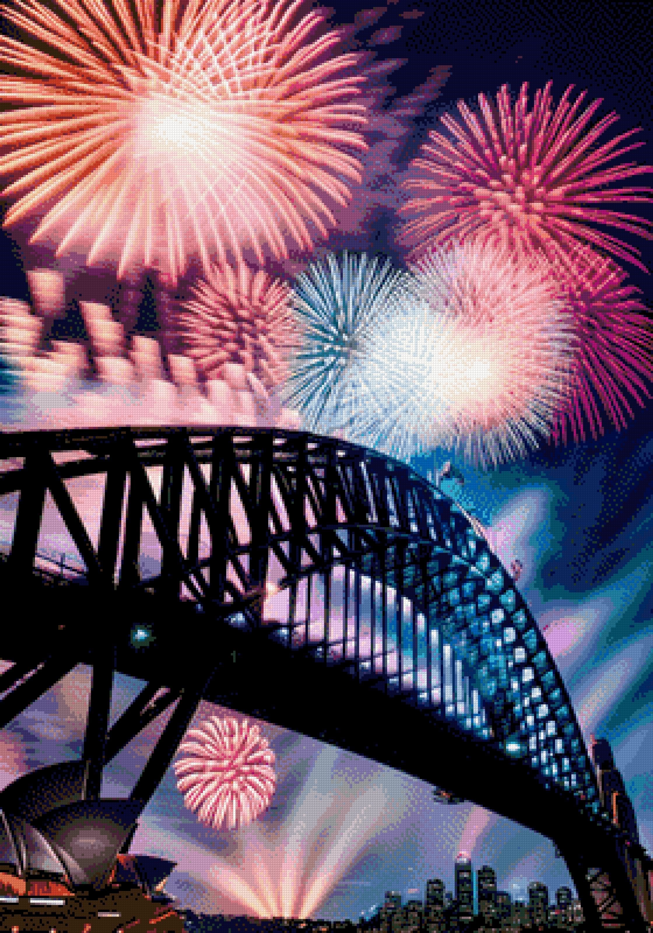 Fireworks over a bridge and opera house at night. Size - 70cm x 100cm