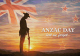 Silhouetted soldier at sunrise with ANZAC Day text and Union Jack flag. Size - 100cm x 70cm