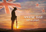 Silhouetted soldier at sunrise with ANZAC Day text and Union Jack flag. Size - 100cm x 70cm
