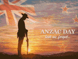 Silhouetted soldier at sunrise with ANZAC Day text and Union Jack flag. Size - 40cm x 30cm
