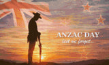 Silhouetted soldier at sunrise with ANZAC Day text and Union Jack flag. Size - 50cm x 30cm