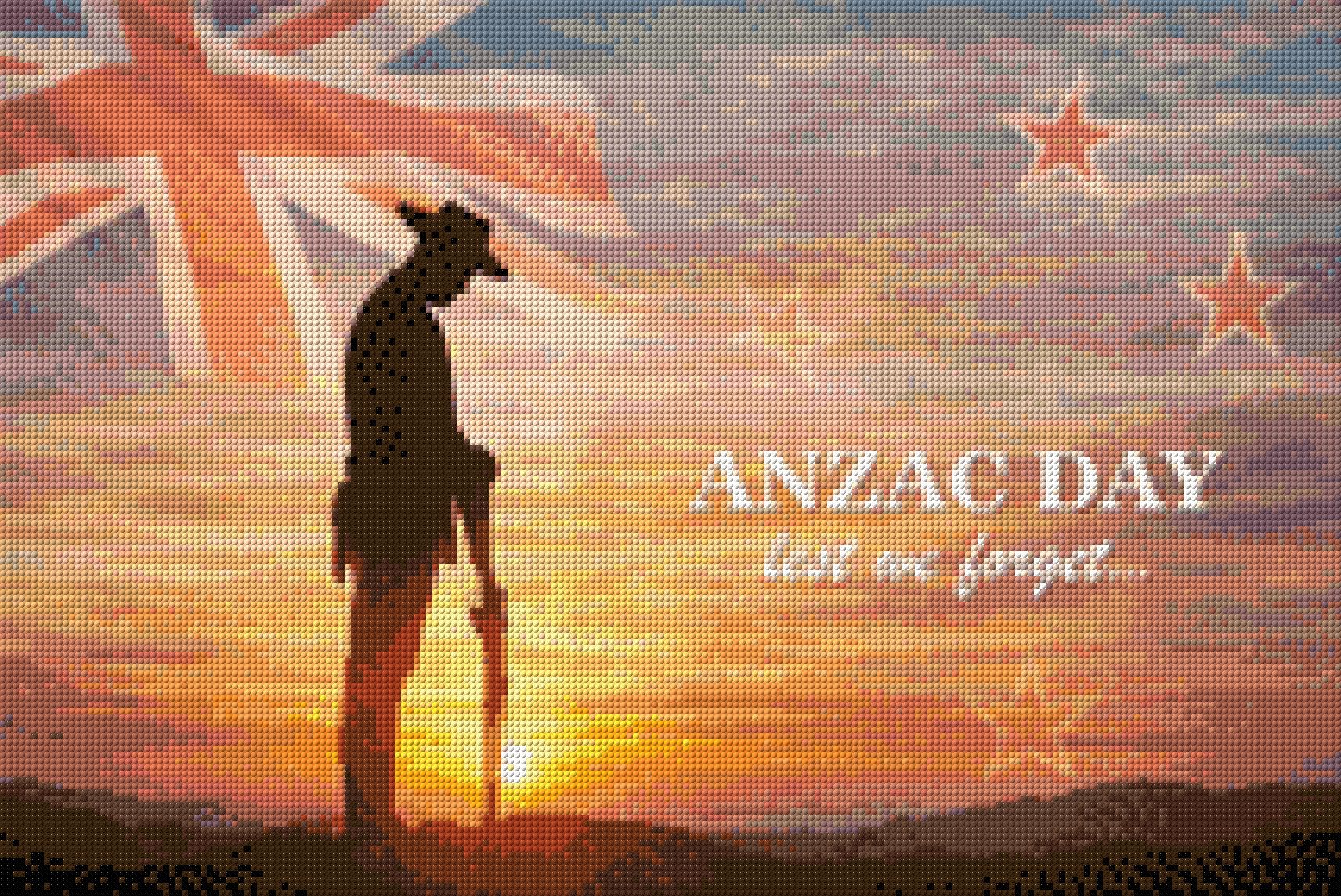 Silhouetted soldier at sunrise with ANZAC Day text and Union Jack flag. Size - 60cm x 40cm