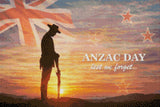 Silhouetted soldier at sunrise with ANZAC Day text and Union Jack flag. Size - 60cm x 40cm
