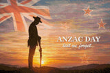 Silhouetted soldier at sunrise with ANZAC Day text and Union Jack flag. Size - 60cm x 40cm