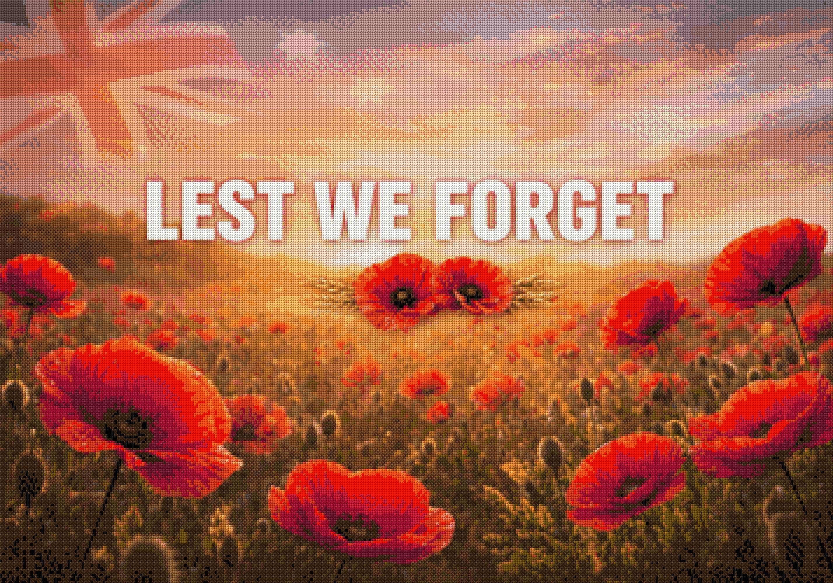 Field of red poppies with 'LEST WE FORGET' text under a sunrise sky. Size - 100cm x 70cm