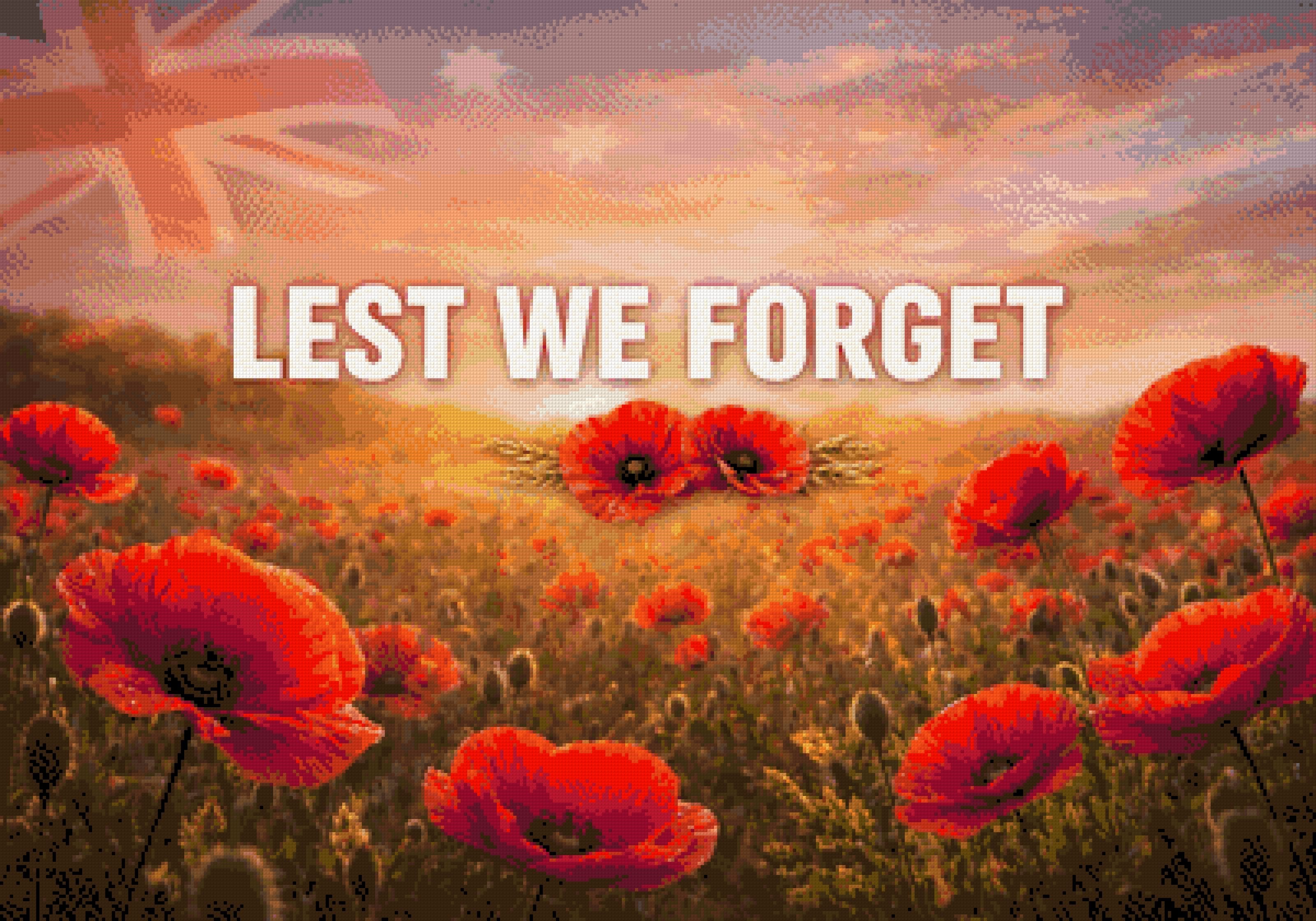 Field of red poppies with 'LEST WE FORGET' text under a sunrise sky. Size - 100cm x 70cm