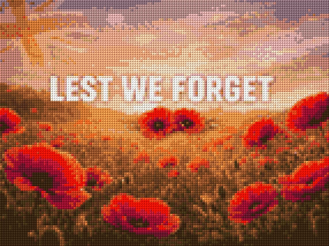 Field of red poppies with 'LEST WE FORGET' text under a sunrise sky. Size - 40cm x 30cm