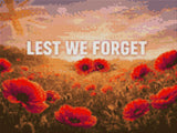 Field of red poppies with 'LEST WE FORGET' text under a sunrise sky. Size - 40cm x 30cm