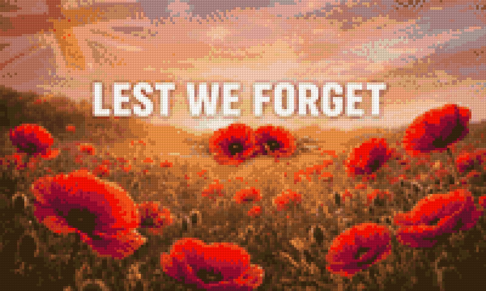 Field of red poppies with 'LEST WE FORGET' text under a sunrise sky. Size - 50cm x 30cm