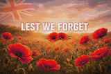 Field of red poppies with 'LEST WE FORGET' text under a sunrise sky. Size - 90cm x 60cm