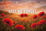 Field of red poppies with 'LEST WE FORGET' text under a sunrise sky. Size - 90cm x 60cm