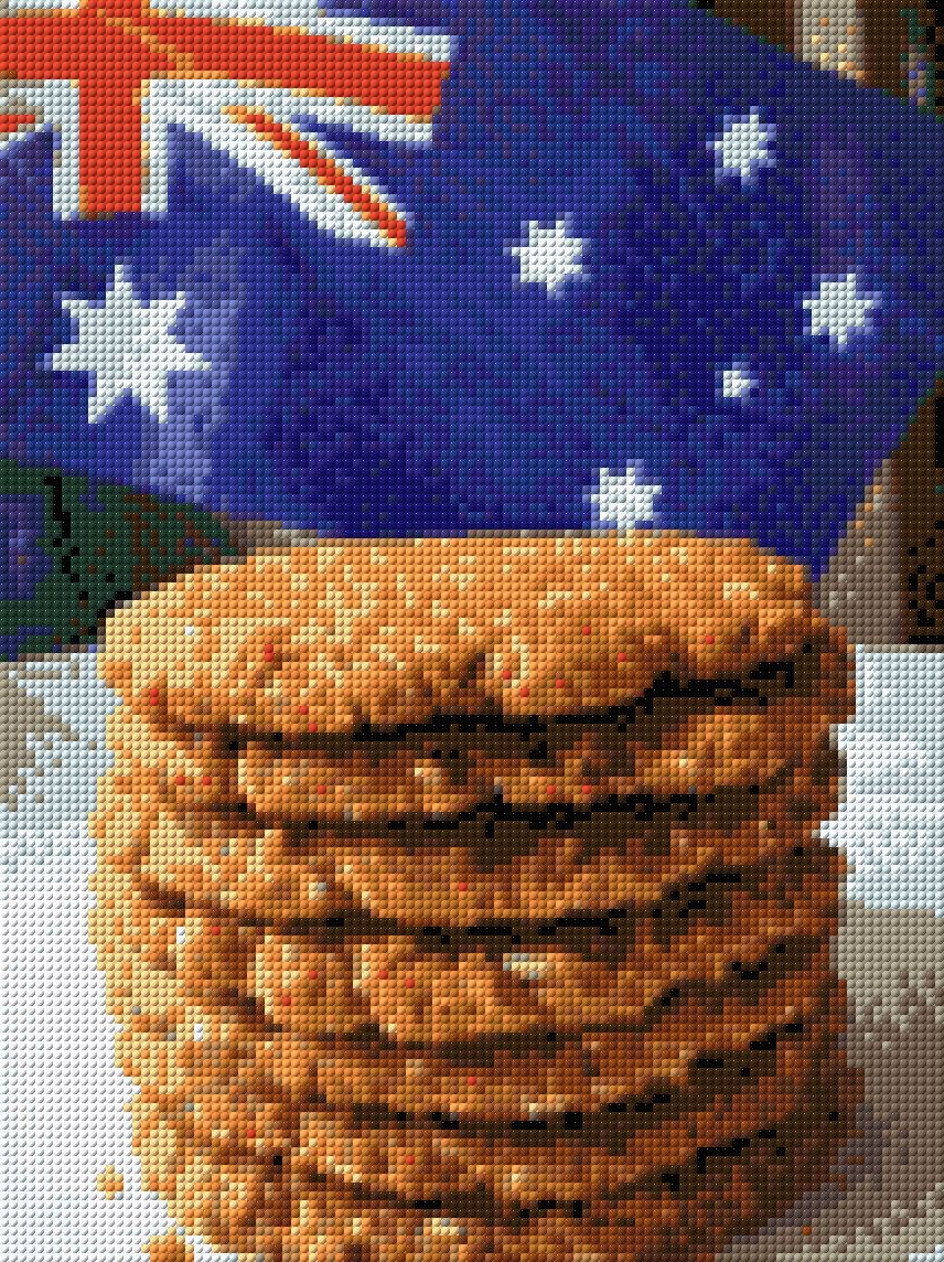 Stack of Anzac biscuits with Australian flag in background. Size - 30cm x 40cm