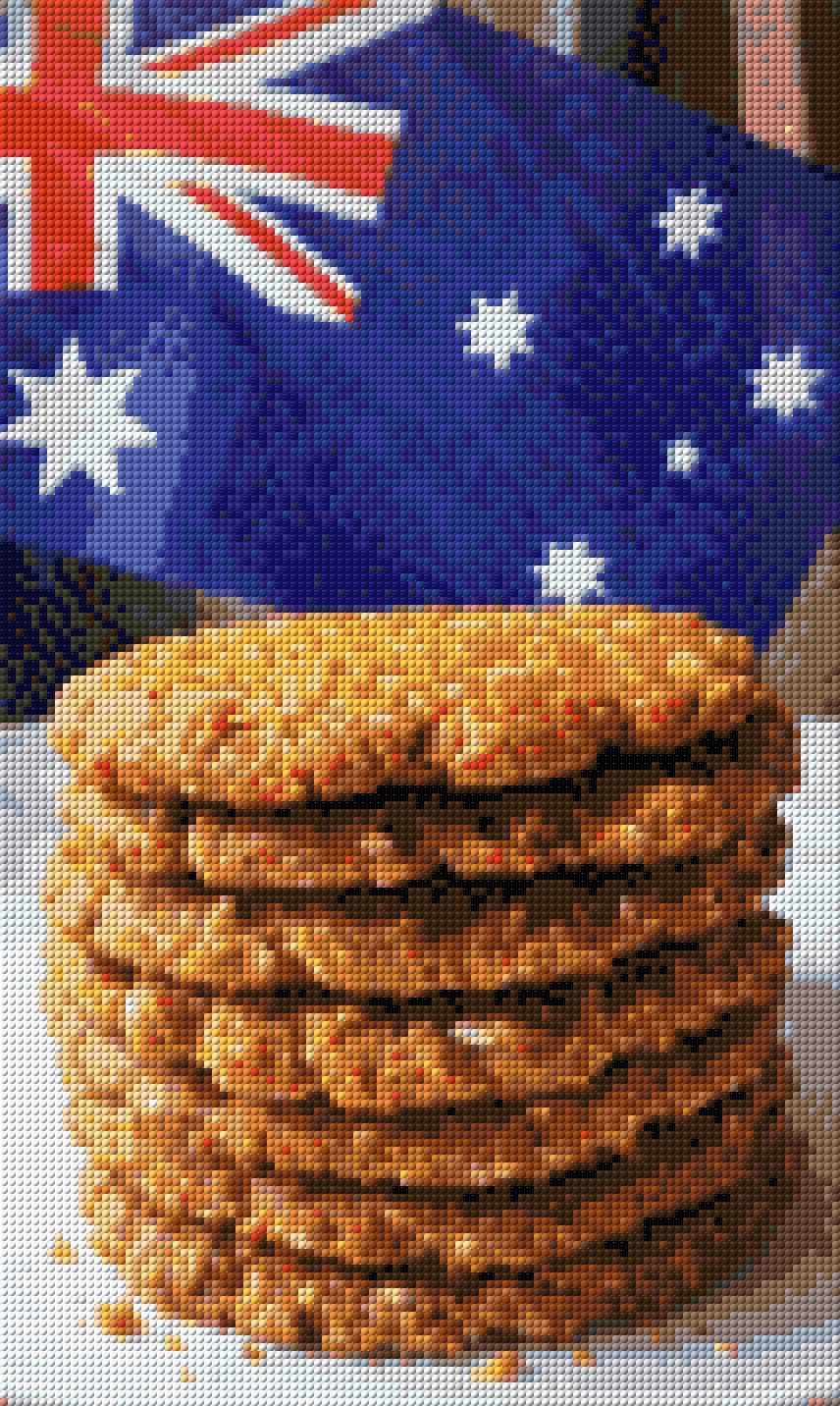 Stack of Anzac biscuits with Australian flag in background. Size - 30cm x 50cm