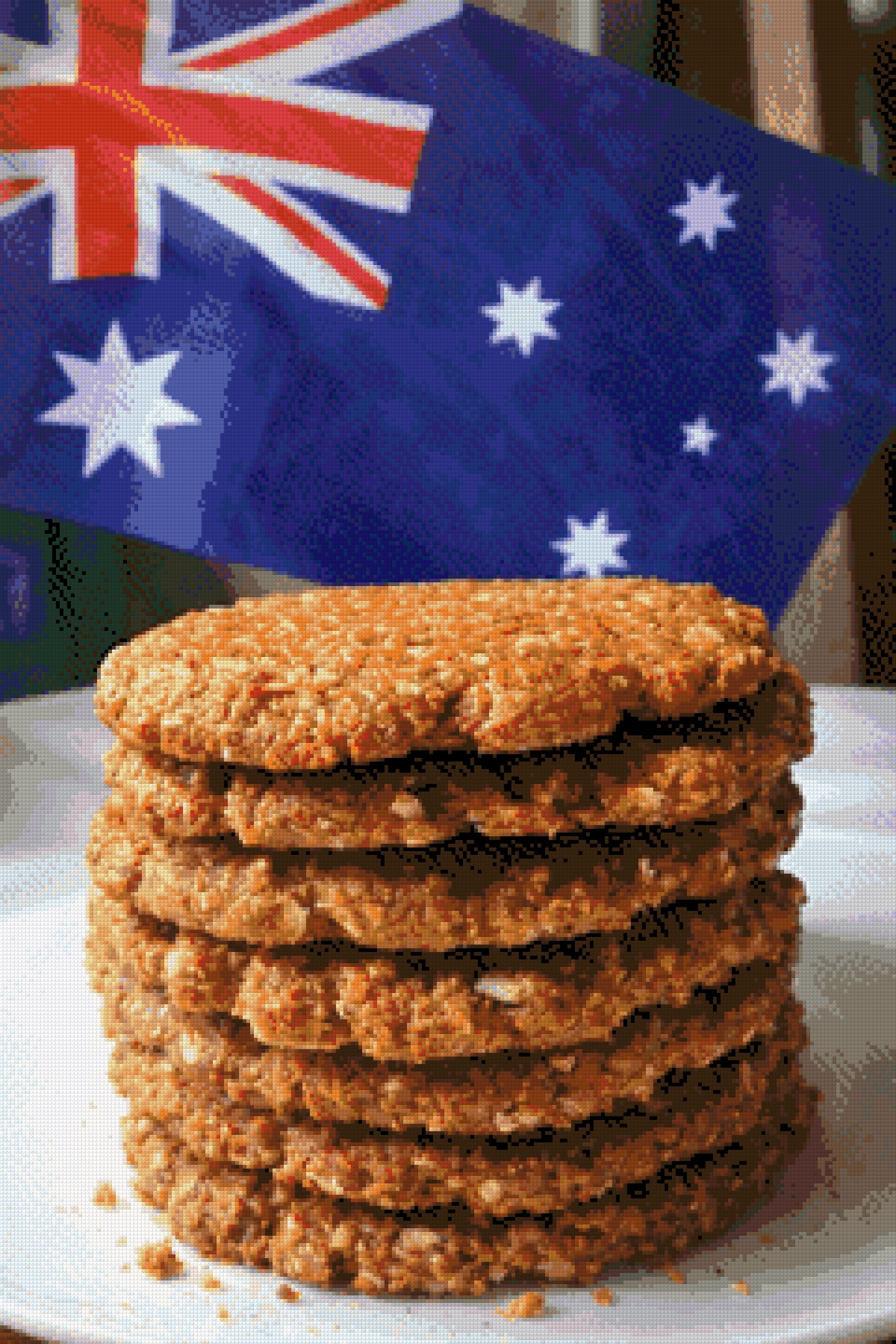 Stack of Anzac biscuits with Australian flag in background. Size - 60cm x 90cm