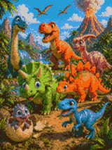 colourful cartoon dinosaurs gather with a baby hatching from an egg against a volcano backdrop. Size - 30cm x 40cm