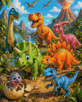 colourful cartoon dinosaurs gather with a baby hatching from an egg against a volcano backdrop. Size - 40cm x 50cm