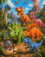 colourful cartoon dinosaurs gather with a baby hatching from an egg against a volcano backdrop. Size - 40cm x 50cm