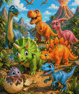 colourful cartoon dinosaurs gather with a baby hatching from an egg against a volcano backdrop. Size - 50cm x 60cm